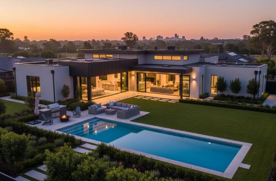 An awe-inspiring aerial view of a contemporary family home in Cranbourne North, framed by lush gardens and a serene parkland, showcasing the profound impact of professional real estate photography boosting property appeal, under the soft glow of a morning sunrise, highlighting modern architecture and a family-friendly environment.