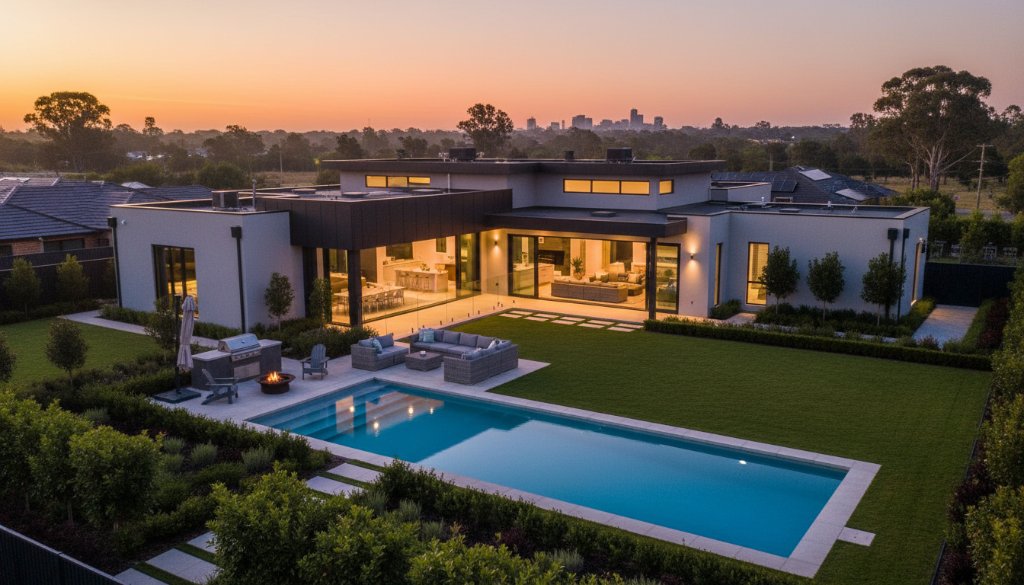 An awe-inspiring aerial view of a contemporary family home in Cranbourne North, framed by lush gardens and a serene parkland, showcasing the profound impact of professional real estate photography boosting property appeal, under the soft glow of a morning sunrise, highlighting modern architecture and a family-friendly environment.