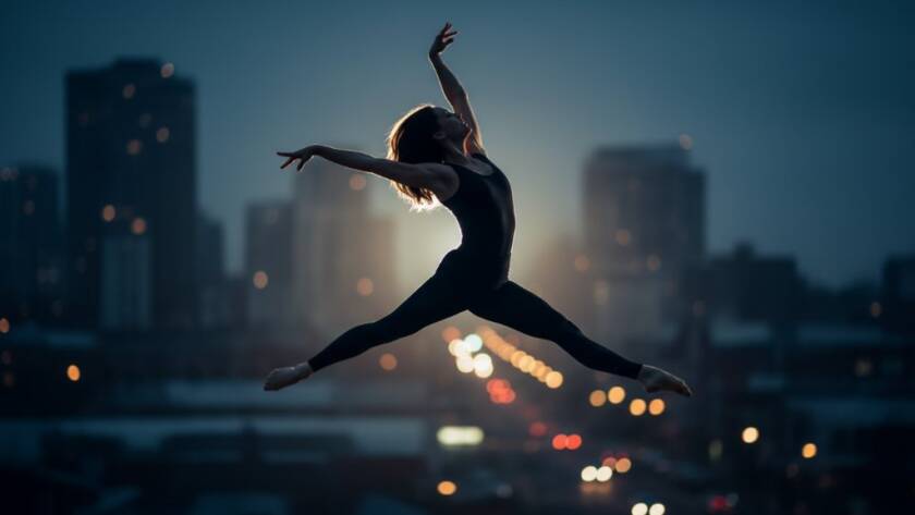 An energetic dancer leaps mid-air against a dramatic, moody backdrop, capturing Cranbourne North vibrant dance photography storytelling with perfect light and motion blur.