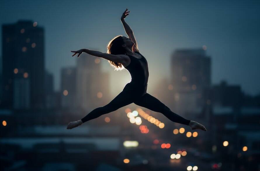 An energetic dancer leaps mid-air against a dramatic, moody backdrop, capturing Cranbourne North vibrant dance photography storytelling with perfect light and motion blur.