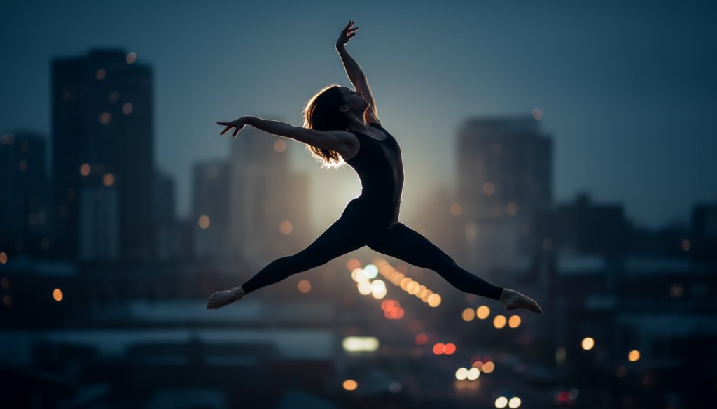 An energetic dancer leaps mid-air against a dramatic, moody backdrop, capturing Cranbourne North vibrant dance photography storytelling with perfect light and motion blur.