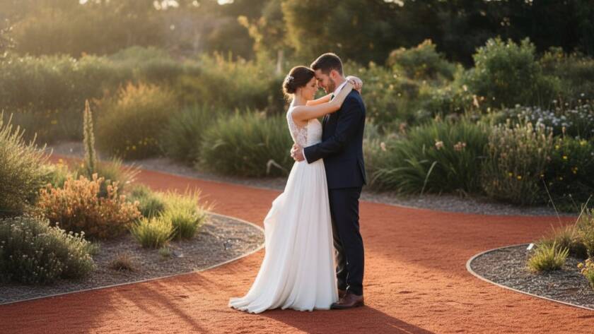 A newly married couple sharing a joyous, tender kiss beneath the golden hour sun at the Australian Garden, Cranbourne North Botanic Gardens, bathed in dramatic, warm light. Cranbourne North Wedding Photography Captured Beautifully.