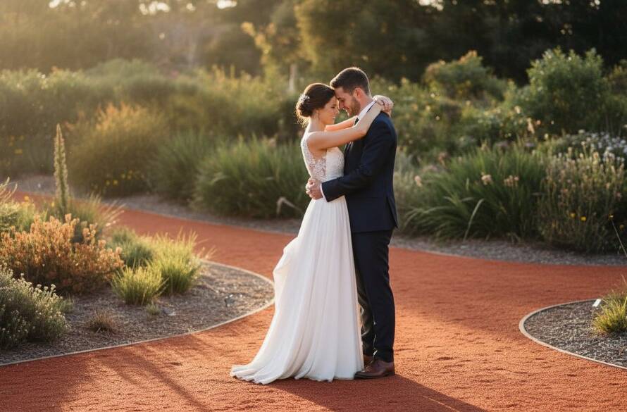 A newly married couple sharing a joyous, tender kiss beneath the golden hour sun at the Australian Garden, Cranbourne North Botanic Gardens, bathed in dramatic, warm light. Cranbourne North Wedding Photography Captured Beautifully.