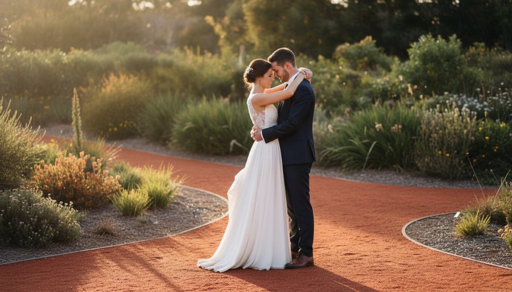 A newly married couple sharing a joyous, tender kiss beneath the golden hour sun at the Australian Garden, Cranbourne North Botanic Gardens, bathed in dramatic, warm light. Cranbourne North Wedding Photography Captured Beautifully.