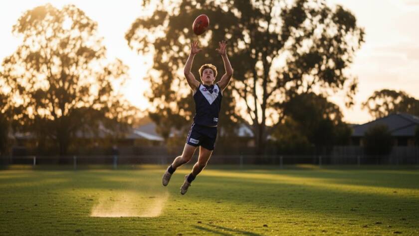 Dynamic wide-angle shot capturing a young athlete mid-action on a vibrant Cranbourne North sports field at sunset, showcasing the raw emotion and triumph characteristic of Cranbourne North youth sports photography.
