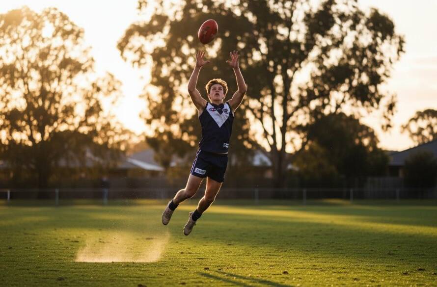Dynamic wide-angle shot capturing a young athlete mid-action on a vibrant Cranbourne North sports field at sunset, showcasing the raw emotion and triumph characteristic of Cranbourne North youth sports photography.