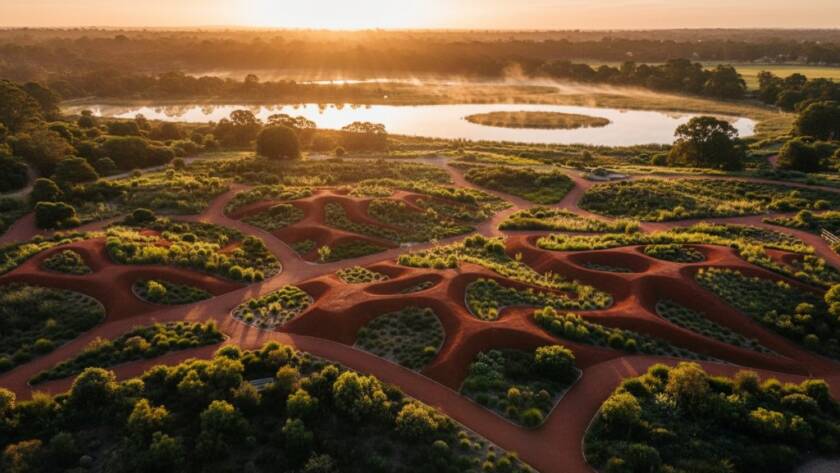 An epic aerial shot of Cranbourne Royal Botanic Gardens drone photography, capturing the dramatic contrasting colours of the Australian native garden and wetlands under a golden hour sky, viewed from above.