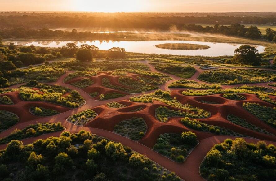 An epic aerial shot of Cranbourne Royal Botanic Gardens drone photography, capturing the dramatic contrasting colours of the Australian native garden and wetlands under a golden hour sky, viewed from above.