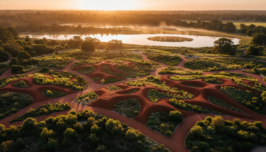 An epic aerial shot of Cranbourne Royal Botanic Gardens drone photography, capturing the dramatic contrasting colours of the Australian native garden and wetlands under a golden hour sky, viewed from above.