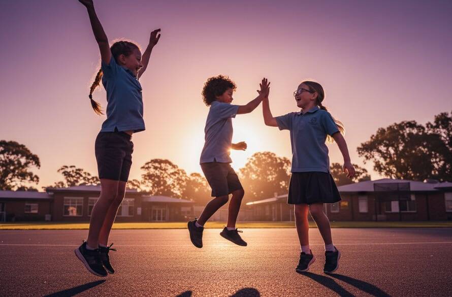 A vibrant, professionally colour-graded photograph capturing an epic, joyful moment of students celebrating during a Cranbourne school photography authentic moments session, with the sun setting behind them over a local oval, showcasing genuine connection and excitement.