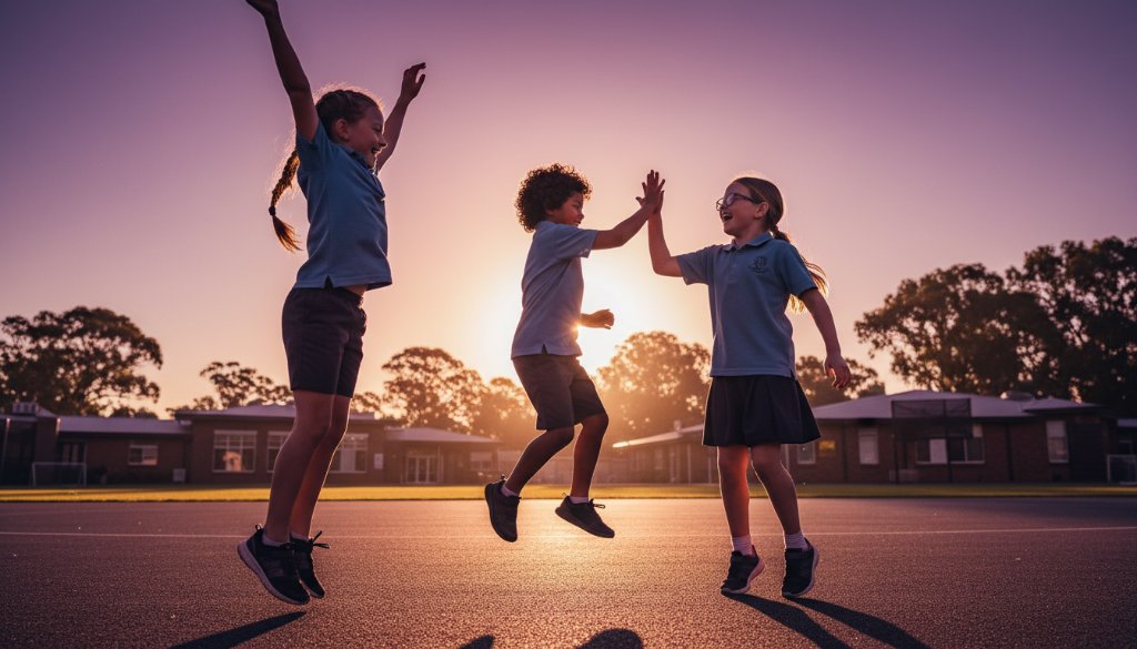 A vibrant, professionally colour-graded photograph capturing an epic, joyful moment of students celebrating during a Cranbourne school photography authentic moments session, with the sun setting behind them over a local oval, showcasing genuine connection and excitement.