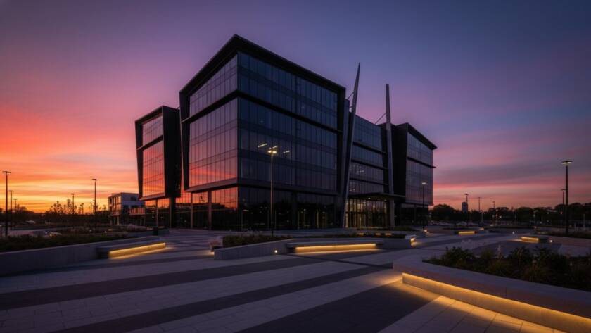 An epic wide-angle photograph showcasing the striking modern facade of a newly developed commercial building in Cranbourne South, Victoria, at dusk, with golden hour light reflecting off its glass panels, exemplifying Cranbourne South architectural brilliance photography.
