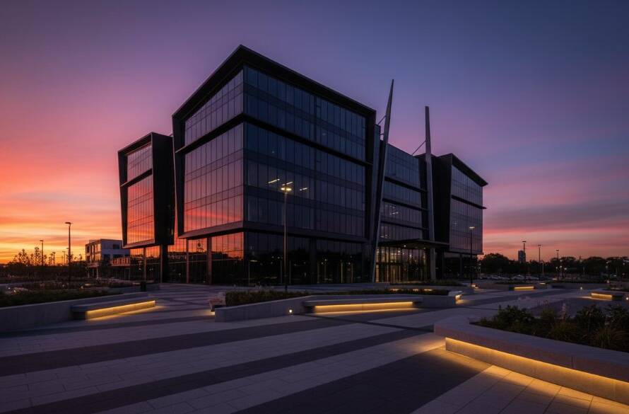 An epic wide-angle photograph showcasing the striking modern facade of a newly developed commercial building in Cranbourne South, Victoria, at dusk, with golden hour light reflecting off its glass panels, exemplifying Cranbourne South architectural brilliance photography.