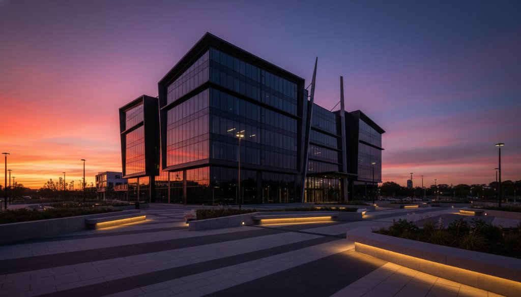 An epic wide-angle photograph showcasing the striking modern facade of a newly developed commercial building in Cranbourne South, Victoria, at dusk, with golden hour light reflecting off its glass panels, exemplifying Cranbourne South architectural brilliance photography.