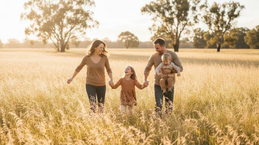 A Cranbourne South candid family moments photographer captures a joyful, sun-drenched family picnic at a Cranbourne South park, parents laughing while children play amongst native gum trees, golden hour light creating a cinematic glow.
