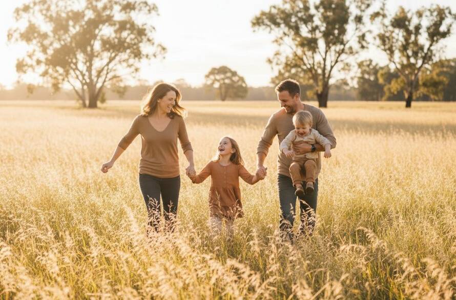 A Cranbourne South candid family moments photographer captures a joyful, sun-drenched family picnic at a Cranbourne South park, parents laughing while children play amongst native gum trees, golden hour light creating a cinematic glow.