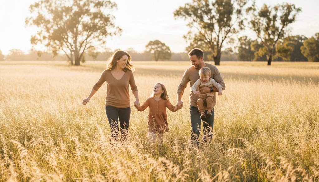 A Cranbourne South candid family moments photographer captures a joyful, sun-drenched family picnic at a Cranbourne South park, parents laughing while children play amongst native gum trees, golden hour light creating a cinematic glow.