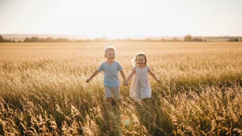A professional photograph of two young children, a boy and a girl, running and laughing joyfully through a sun-drenched, open field in Cranbourne South, Victoria, capturing an authentic, epic moment during a candid kids photography session, with dramatic golden hour backlighting creating a dreamy, ethereal glow around them.