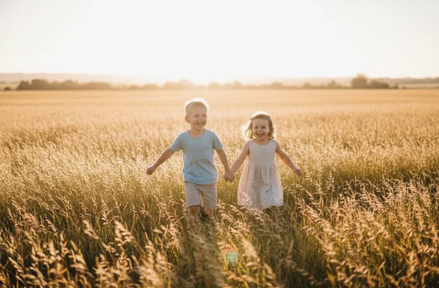 A professional photograph of two young children, a boy and a girl, running and laughing joyfully through a sun-drenched, open field in Cranbourne South, Victoria, capturing an authentic, epic moment during a candid kids photography session, with dramatic golden hour backlighting creating a dreamy, ethereal glow around them.
