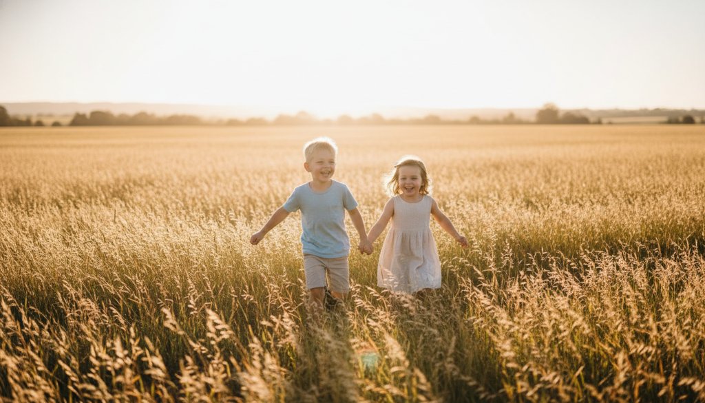 A professional photograph of two young children, a boy and a girl, running and laughing joyfully through a sun-drenched, open field in Cranbourne South, Victoria, capturing an authentic, epic moment during a candid kids photography session, with dramatic golden hour backlighting creating a dreamy, ethereal glow around them.