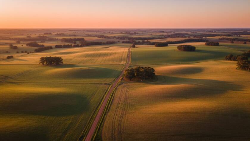An epic drone photograph capturing the Cranbourne South drone photography rural charm at sunset, with golden light over farmlands and winding country roads from an aerial perspective.