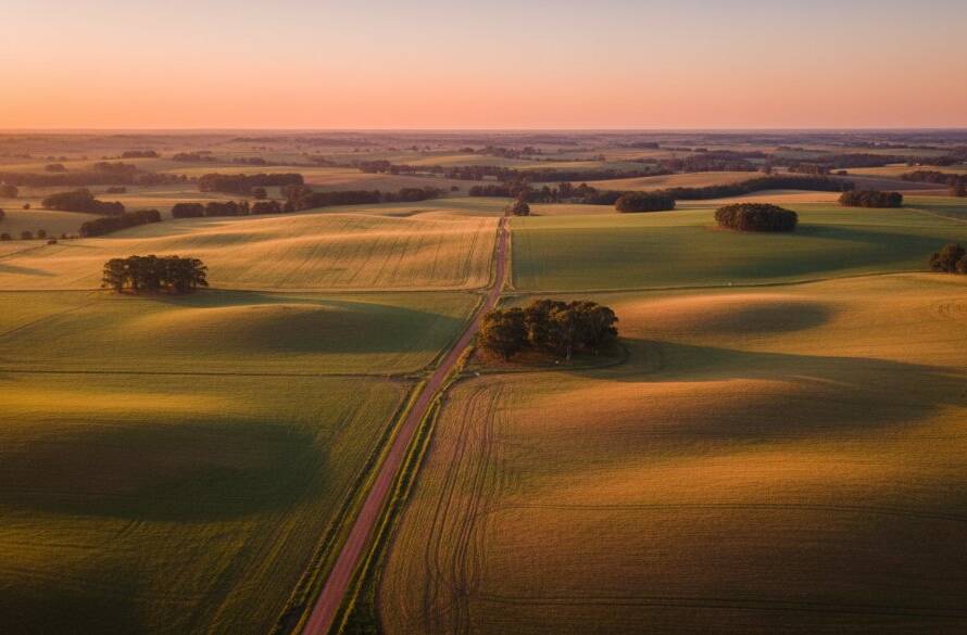 An epic drone photograph capturing the Cranbourne South drone photography rural charm at sunset, with golden light over farmlands and winding country roads from an aerial perspective.