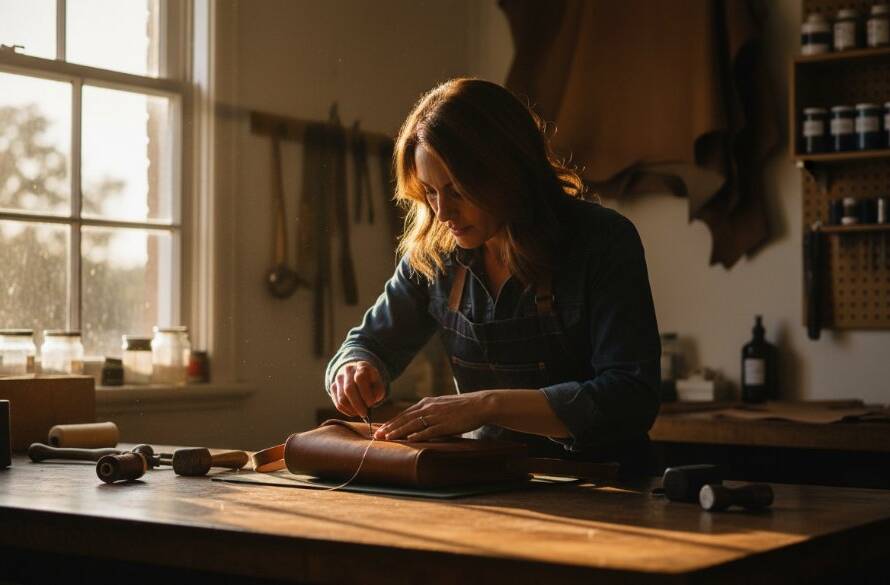 Dramatic wide shot of a local artisan meticulously crafting pottery inside a sunlit studio in Cranbourne South, captured with Cranbourne South editorial photography for brand storytelling, featuring rich textures and warm light.
