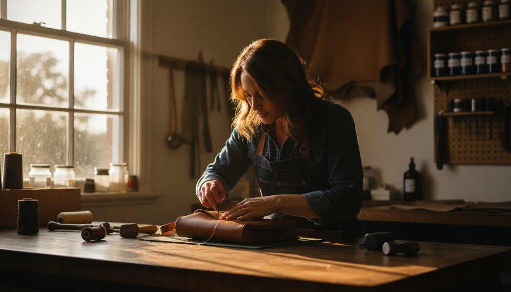 Dramatic wide shot of a local artisan meticulously crafting pottery inside a sunlit studio in Cranbourne South, captured with Cranbourne South editorial photography for brand storytelling, featuring rich textures and warm light.