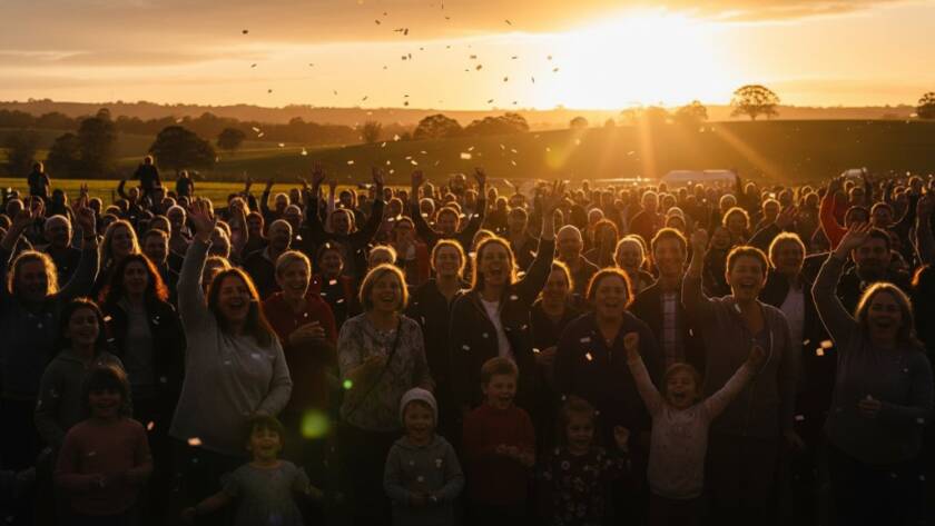 An emotional wide-angle shot of a joyous community festival in Cranbourne South, with attendees laughing and cheering, perfectly exemplifying expert Cranbourne South event photography capturing genuine moments. Golden hour sunlight illuminates the scene, highlighting the genuine connections and vibrant atmosphere, captured with dramatic lighting and professional color grading.