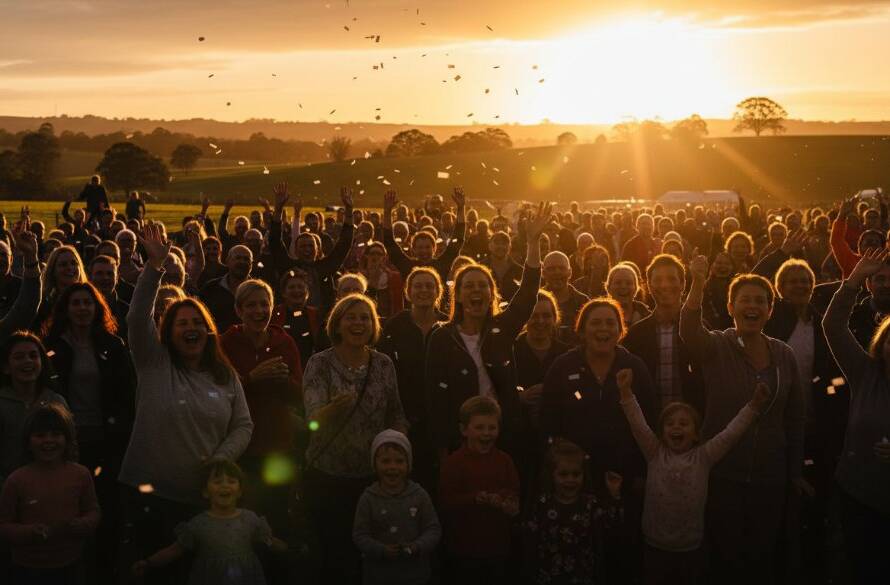 An emotional wide-angle shot of a joyous community festival in Cranbourne South, with attendees laughing and cheering, perfectly exemplifying expert Cranbourne South event photography capturing genuine moments. Golden hour sunlight illuminates the scene, highlighting the genuine connections and vibrant atmosphere, captured with dramatic lighting and professional color grading.