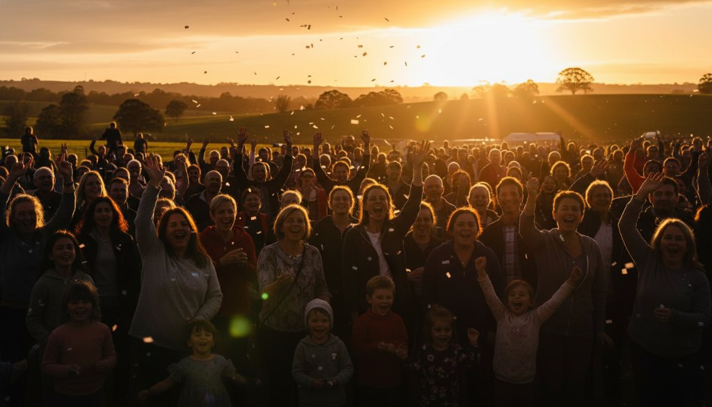 An emotional wide-angle shot of a joyous community festival in Cranbourne South, with attendees laughing and cheering, perfectly exemplifying expert Cranbourne South event photography capturing genuine moments. Golden hour sunlight illuminates the scene, highlighting the genuine connections and vibrant atmosphere, captured with dramatic lighting and professional color grading.