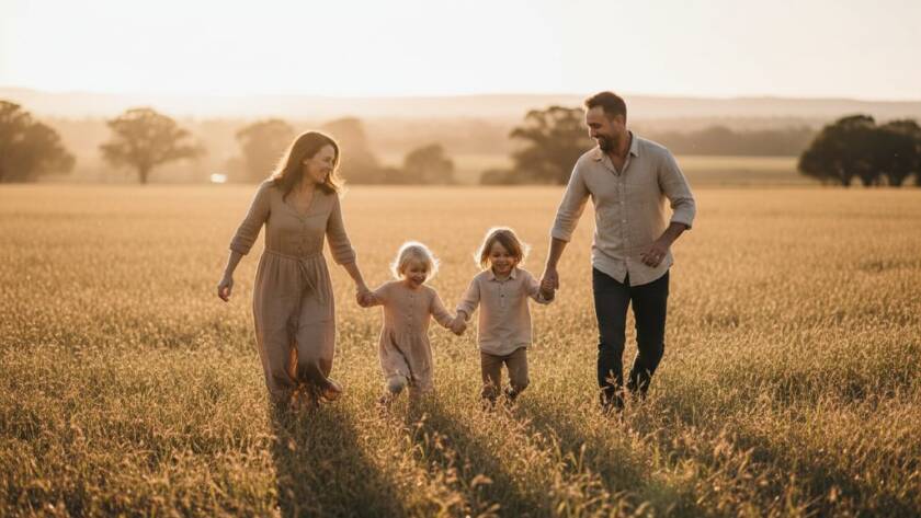 An epic moment of a joyful family, parents holding hands with two young children, running through a sun-drenched, golden field in Cranbourne South, captured with dramatic golden hour lighting and professional colour grading, embodying Cranbourne South family photography capturing genuine moments.