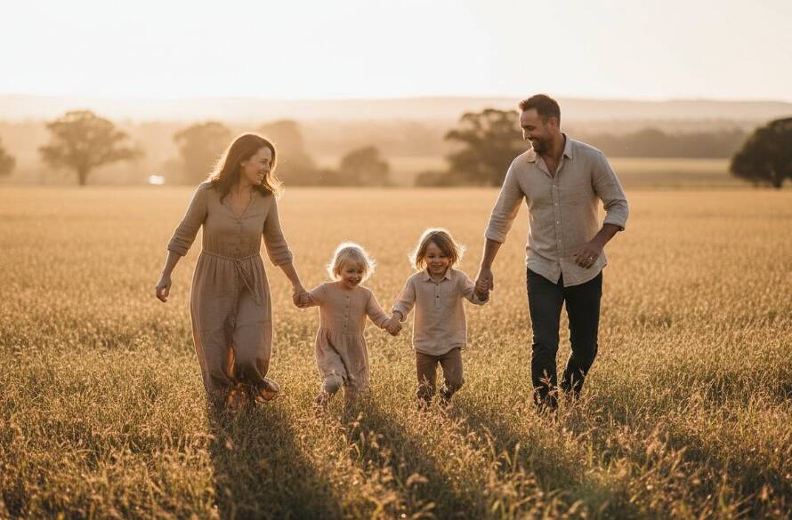 An epic moment of a joyful family, parents holding hands with two young children, running through a sun-drenched, golden field in Cranbourne South, captured with dramatic golden hour lighting and professional colour grading, embodying Cranbourne South family photography capturing genuine moments.