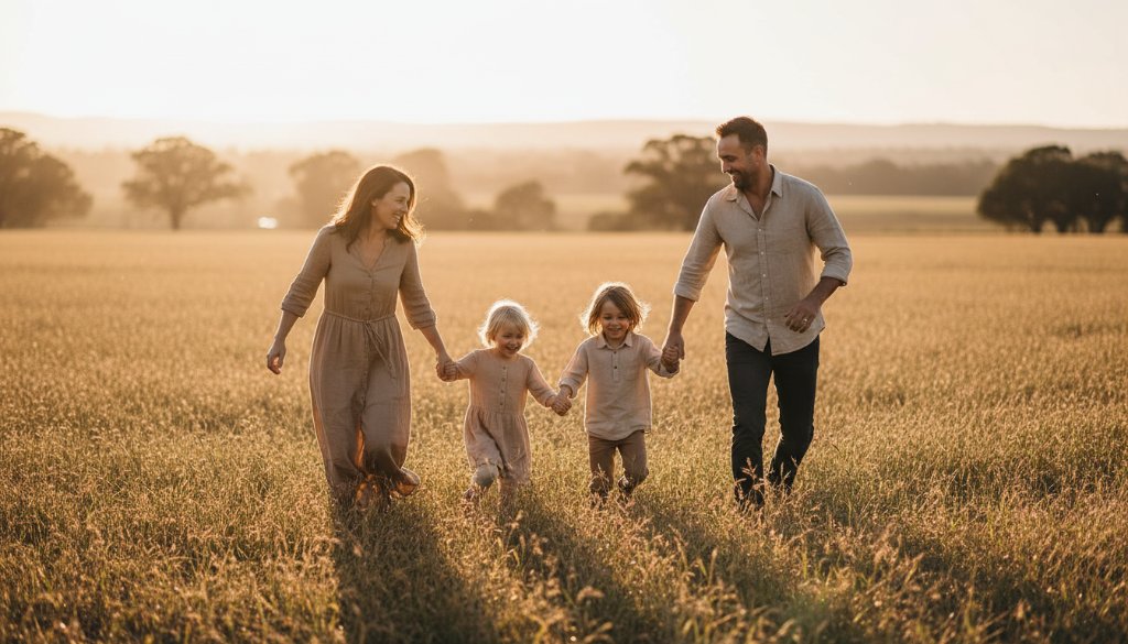 An epic moment of a joyful family, parents holding hands with two young children, running through a sun-drenched, golden field in Cranbourne South, captured with dramatic golden hour lighting and professional colour grading, embodying Cranbourne South family photography capturing genuine moments.