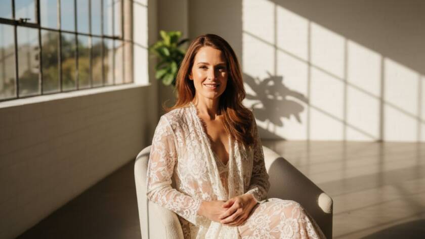 A stunning and empowering image capturing a woman's confident and radiant expression during a Cranbourne South intimate boudoir photography experience, soft morning light filtering through a window, highlighting her silhouette and elegant pose, professional studio setting with delicate textures.