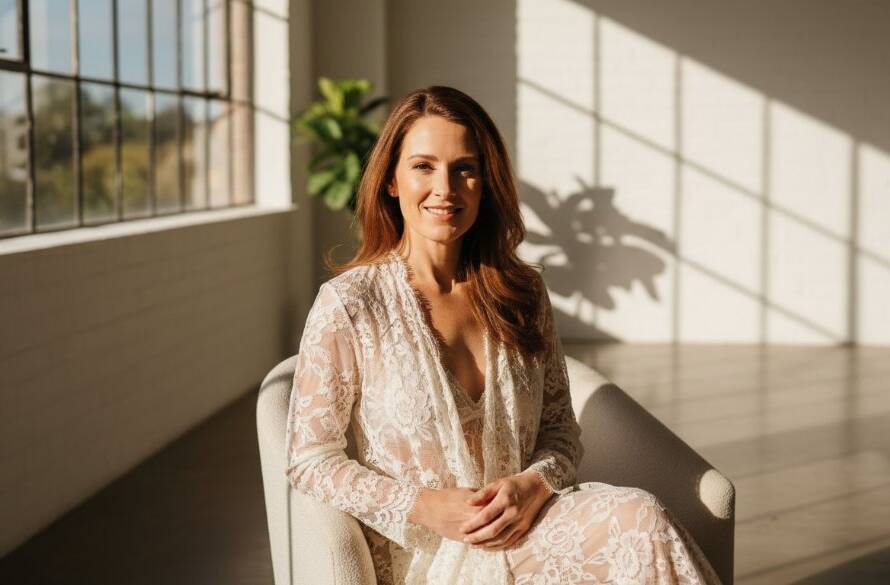 A stunning and empowering image capturing a woman's confident and radiant expression during a Cranbourne South intimate boudoir photography experience, soft morning light filtering through a window, highlighting her silhouette and elegant pose, professional studio setting with delicate textures.