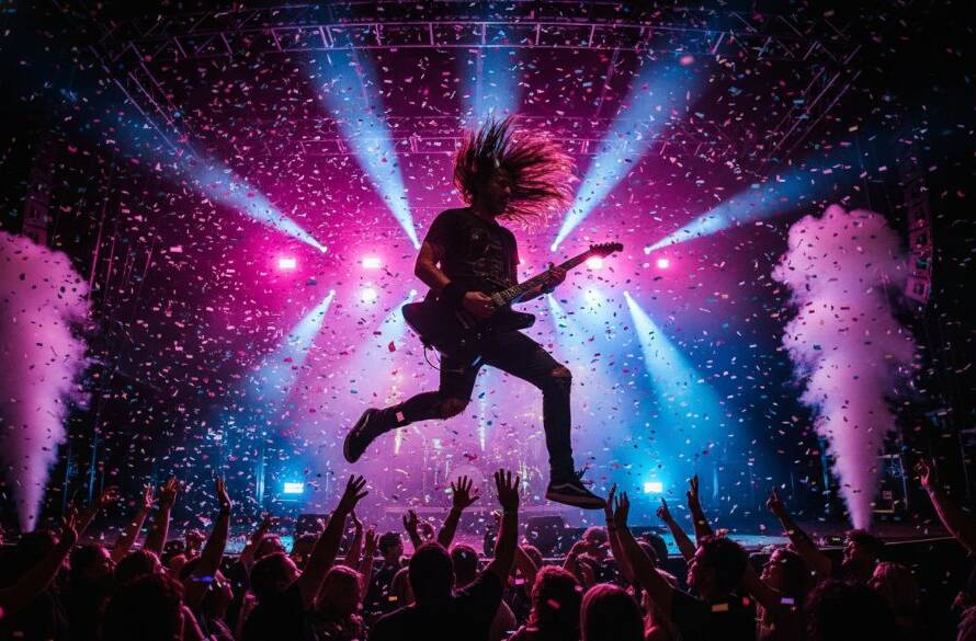 A dramatic, wide-angle shot capturing Cranbourne South live music photography epic moments: a lead guitarist mid-shred under intense blue and red stage lights, surrounded by an energetic, silhouetted crowd, evoking the raw energy of a concert.