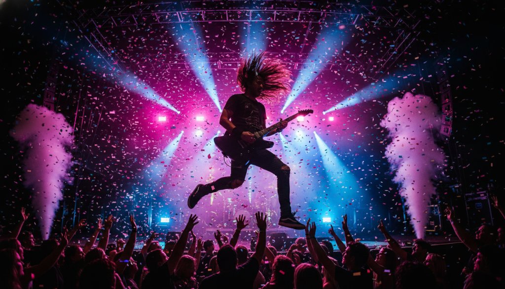 A dramatic, wide-angle shot capturing Cranbourne South live music photography epic moments: a lead guitarist mid-shred under intense blue and red stage lights, surrounded by an energetic, silhouetted crowd, evoking the raw energy of a concert.