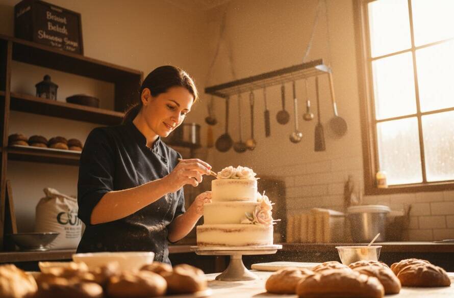 Dynamic studio shot showcasing a local Cranbourne South business owner proudly presenting their artisanal product, captured with professional advertising photography impact, dramatic spotlighting and rich colours.