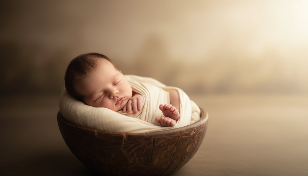An intimate, heartwarming 'epic moment' photograph showcasing a newborn baby in a soft, ethereal wrap, gently cradled in their parent's hands, bathed in golden hour light within a rustic, natural setting near Cranbourne South, Victoria, embodying Cranbourne South newborn photography precious moments.