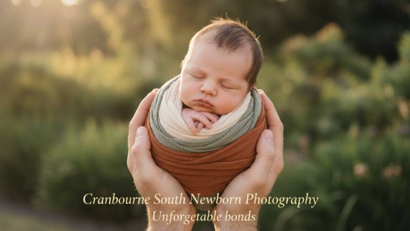 A heartwarming, cinematic close-up of a newborn baby swaddled in soft, earthy tones, gently cradled in parents' hands, with the serene, natural light reminiscent of Cranbourne South's rural landscapes softly illuminating the scene. The moment is intimate, tender, and deeply emotional, professionally color-graded with a dreamy bokeh background, symbolizing Cranbourne South Newborn Photography Unforgettable bonds.