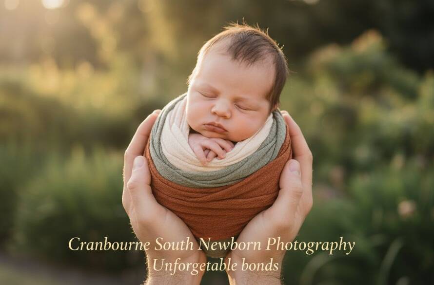A heartwarming, cinematic close-up of a newborn baby swaddled in soft, earthy tones, gently cradled in parents' hands, with the serene, natural light reminiscent of Cranbourne South's rural landscapes softly illuminating the scene. The moment is intimate, tender, and deeply emotional, professionally color-graded with a dreamy bokeh background, symbolizing Cranbourne South Newborn Photography Unforgettable bonds.