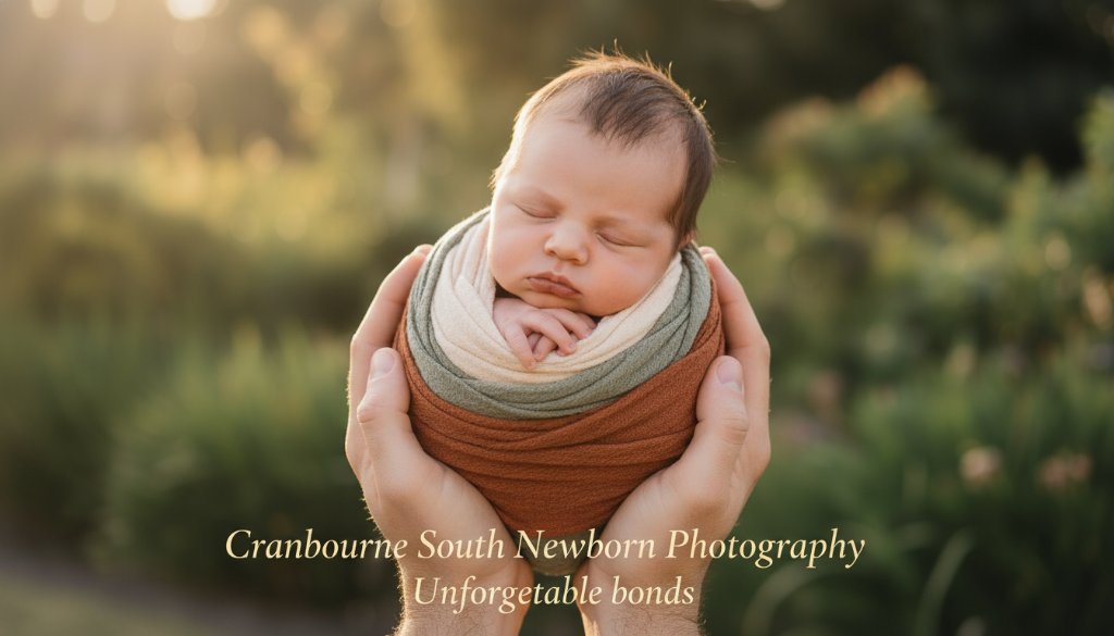 A heartwarming, cinematic close-up of a newborn baby swaddled in soft, earthy tones, gently cradled in parents' hands, with the serene, natural light reminiscent of Cranbourne South's rural landscapes softly illuminating the scene. The moment is intimate, tender, and deeply emotional, professionally color-graded with a dreamy bokeh background, symbolizing Cranbourne South Newborn Photography Unforgettable bonds.