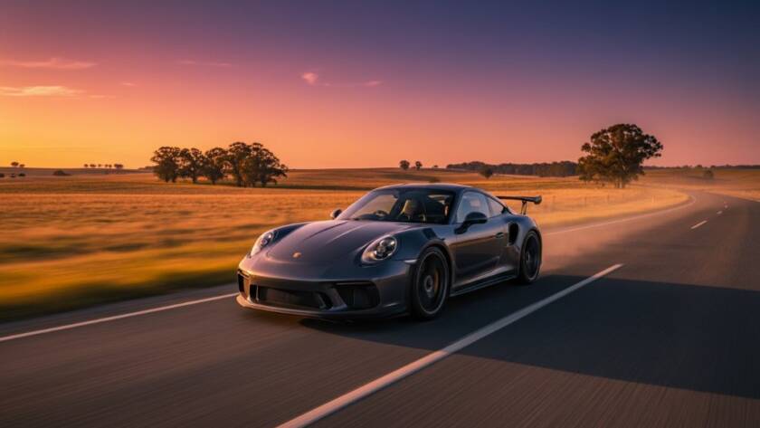 A powerful red sports car captured dramatically at sunset in a sprawling Cranbourne South paddock, showcasing its sleek lines and raw power, perfect for Cranbourne South performance car photography.
