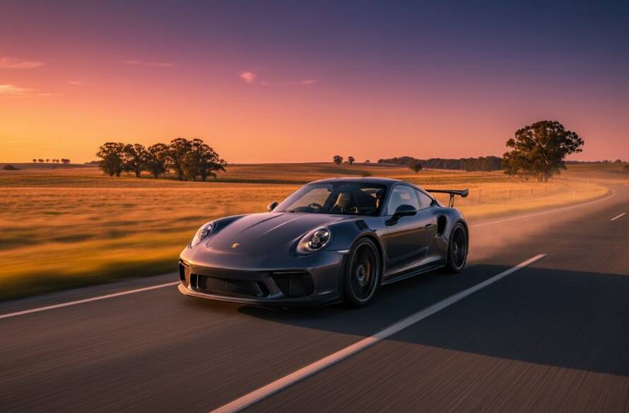 A powerful red sports car captured dramatically at sunset in a sprawling Cranbourne South paddock, showcasing its sleek lines and raw power, perfect for Cranbourne South performance car photography.