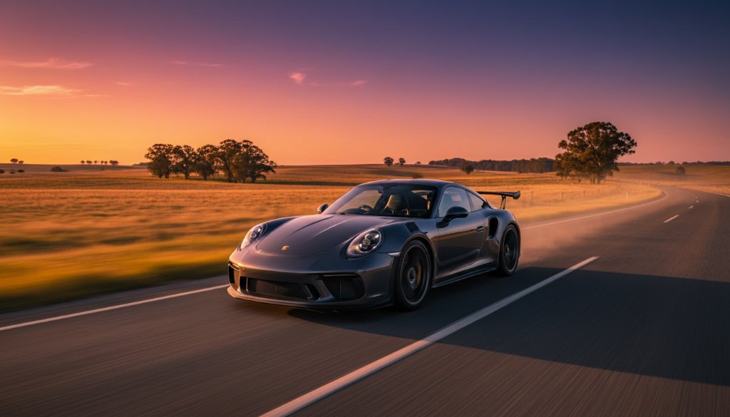 A powerful red sports car captured dramatically at sunset in a sprawling Cranbourne South paddock, showcasing its sleek lines and raw power, perfect for Cranbourne South performance car photography.