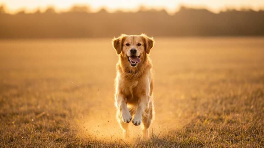 Dramatic wide-angle shot capturing a joyous golden retriever mid-leap through a sun-drenched field in Cranbourne South, a perfect example of Cranbourne South pet photography capturing cherished dog moments, with golden light reflecting off its fur and dust rising, professional and cinematic.