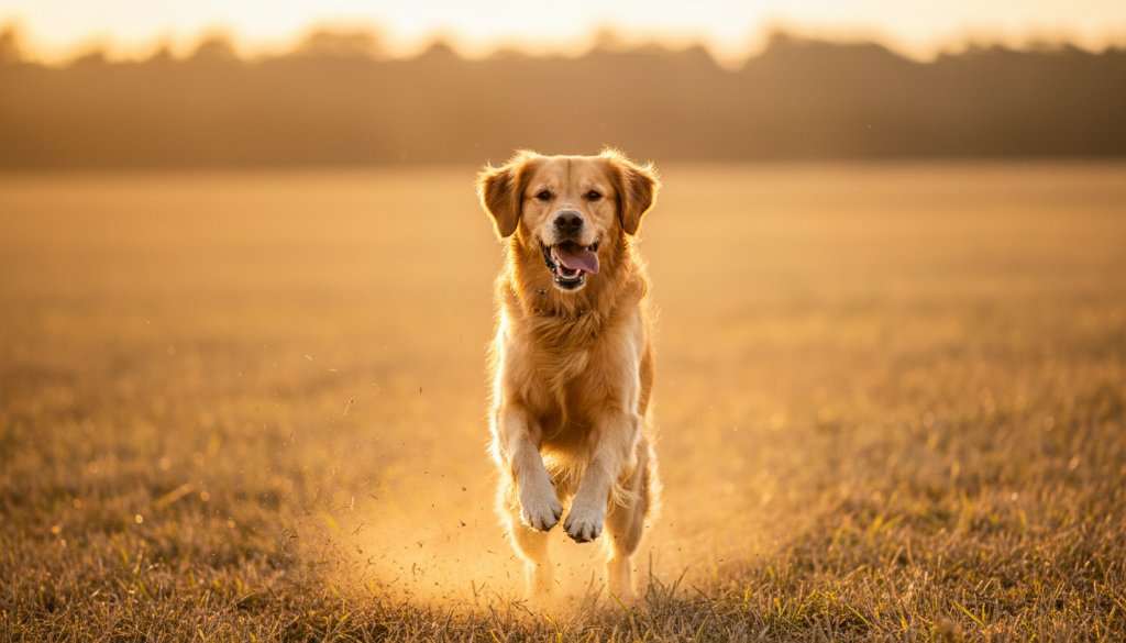 Dramatic wide-angle shot capturing a joyous golden retriever mid-leap through a sun-drenched field in Cranbourne South, a perfect example of Cranbourne South pet photography capturing cherished dog moments, with golden light reflecting off its fur and dust rising, professional and cinematic.