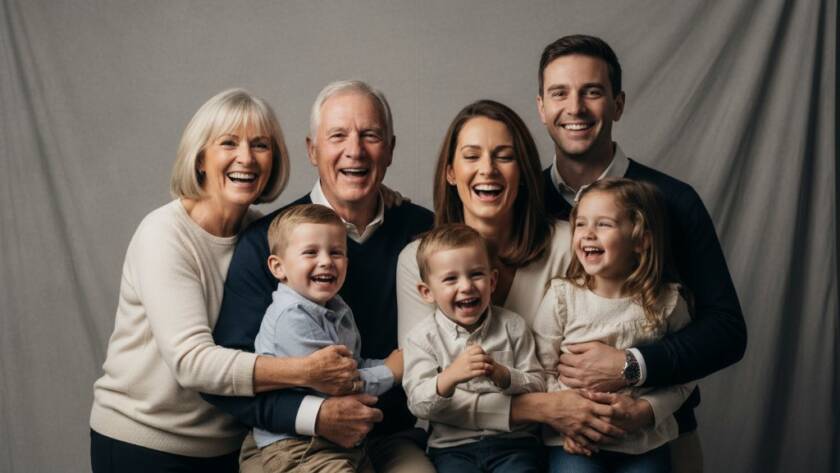 An emotionally powerful, cinematic photograph captured during a Cranbourne Studio Photography for Timeless Family Portraits session, featuring a multi-generational family laughing genuinely under dramatic, soft studio lighting, creating a warm and sophisticated portrait that highlights connection and joy.
