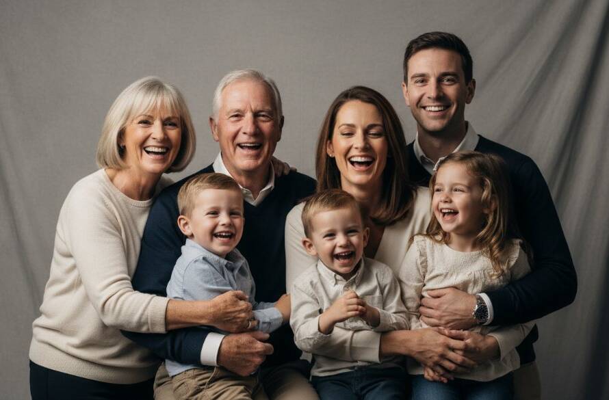 An emotionally powerful, cinematic photograph captured during a Cranbourne Studio Photography for Timeless Family Portraits session, featuring a multi-generational family laughing genuinely under dramatic, soft studio lighting, creating a warm and sophisticated portrait that highlights connection and joy.